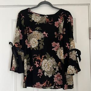 NWT Lux II Semi-Sheer Floral Ribbon Bell Sleeve Blouse Top - M